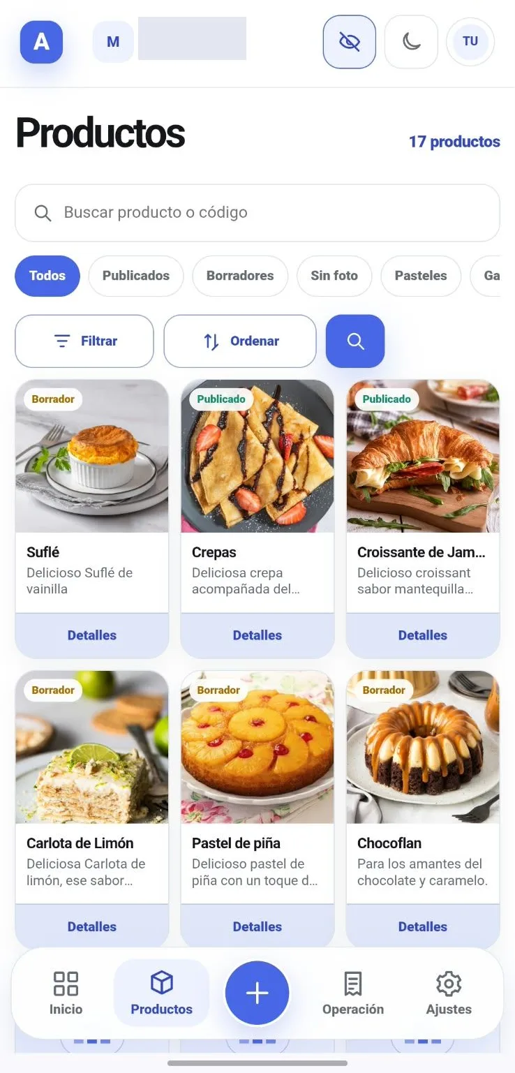 Catálogo de productos de AlphaCommerce, con precio, existencias y estado de publicación de cada ficha.